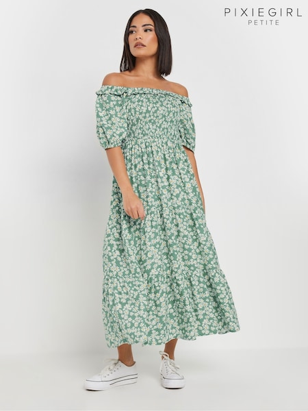 PixieGirl Petite Green Daisy Floral Puff Sleeve Midi Dress (F88149) | £39