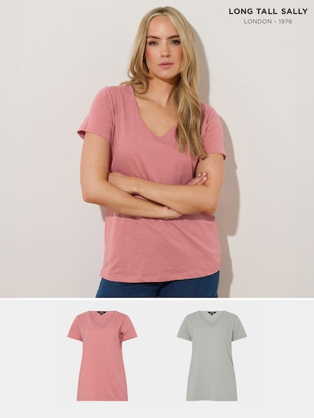 Long Tall Sally Pink V-Neck 100% Cotton T-Shirts 2 Pack (F88160) | £23