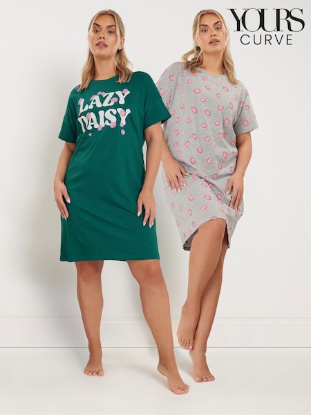Yours Curve Green Lazy Daisy Sleep 100% Cotton T-Shirts 2 Pack (F88161) | £29