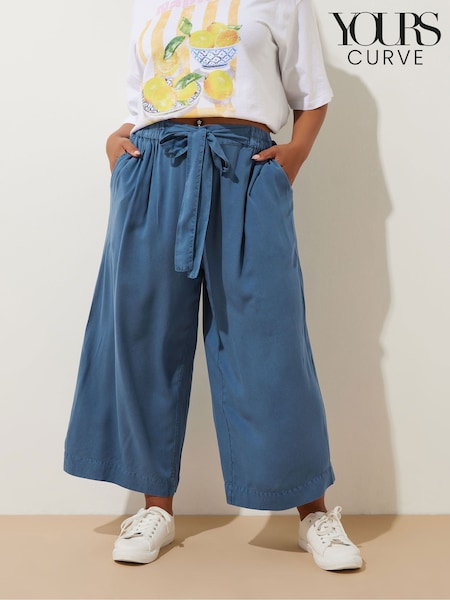 Yours Curve Blue Chambray Tie Waist Crop Trousers (F88169) | £27