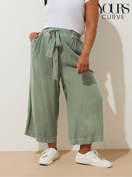 Yours Curve Green Chambray Tie Waist Crop Trousers (F88172) | £27