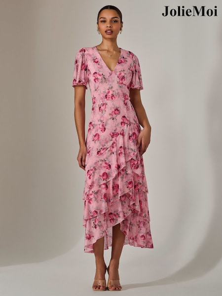 Jolie Moi Pink Mesh Print Frill Hem Midaxi Dress (F88389) | £79