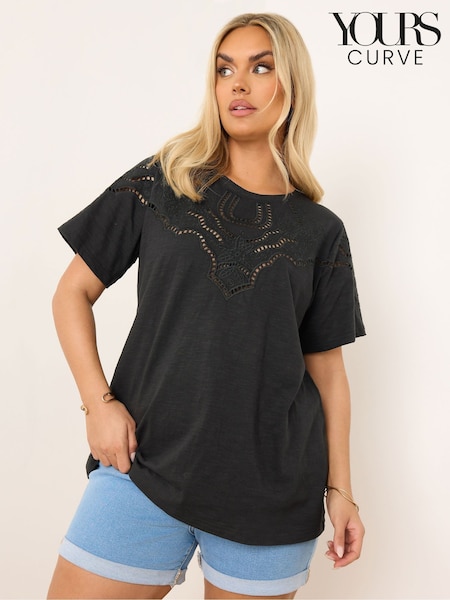 Yours Curve Black Ladder Insert 100% Cotton T-Shirt (F88432) | £29