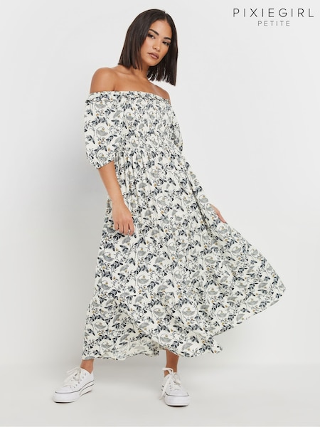 PixieGirl Petite Natural Paisley Floral Print Puff Sleeve Midi Dress (F88441) | £39