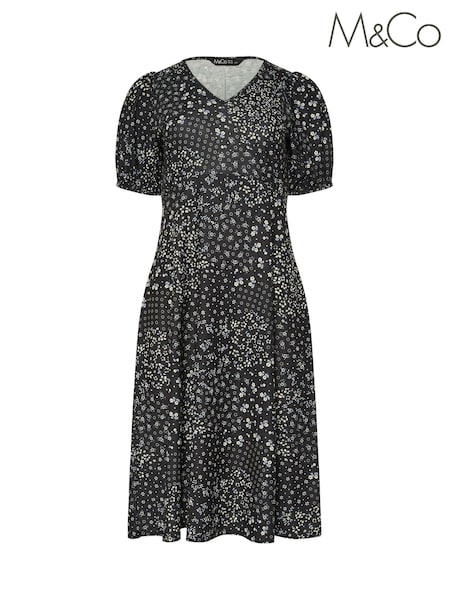 M&Co Natural Petite Floral Print V-Neck Midi Dress (F88452) | £39