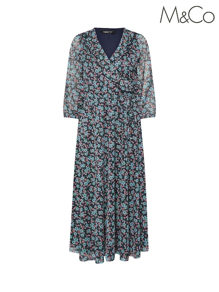 M&Co Blue Petite Ditsy Mesh Wrap Ruffle Dress (F88458) | £47
