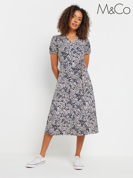 M&Co Blue Jersey Floral Print Wrap Dress (F88478) | £39