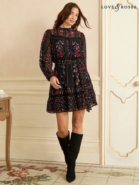 Love & Roses Black Floral Lace Trim Black Mini Dress (F88550) | £62