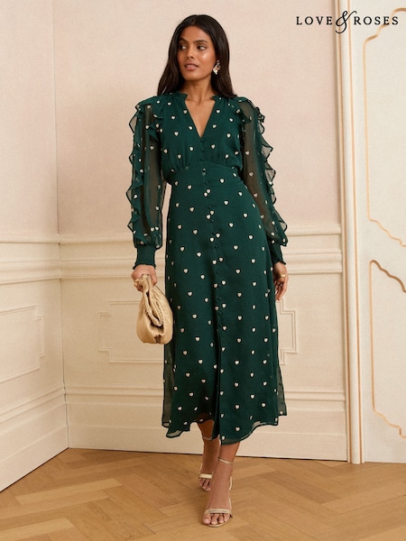 Love & Roses Green Heart Embroidered Ruffle Midi Dress (F88553) | £69