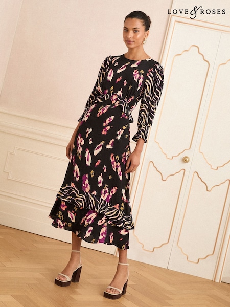 Love & Roses Black Animal Peplum Midi Dress (F88566) | £65