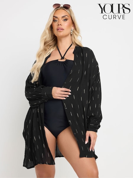 Yours Curve Black Stand Collar Beach Shirt (F88584) | £29