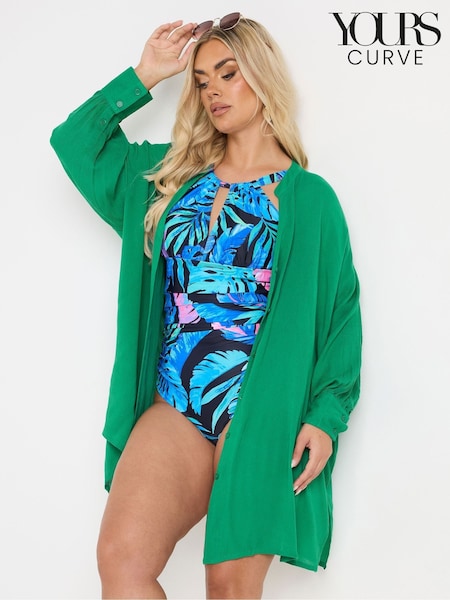 Yours Curve Green Stand Collar Beach Shirt (F88606) | £27