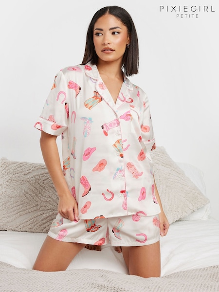 PixieGirl Petite White Satin Western Boot Shirt And Shorts Set (F88609) | £29