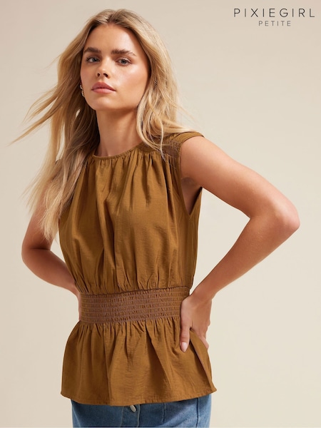 PixieGirl Petite Brown Shirred Waist Sleeveless Vest (F88610) | £29