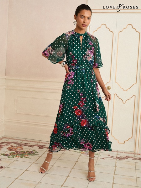 Love & Roses Green Floral Metallic Printed Midi Dress (F88692) | £84