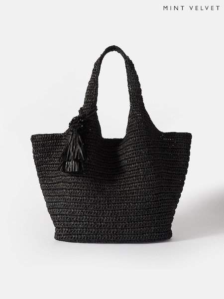 Mint Velvet Black Oversized Faye Straw Tote Bag (F88701) | £99