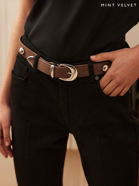 Mint Velvet Brown Leather Studded Belt (F88716) | £55