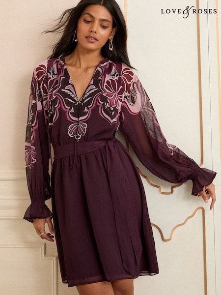 Love & Roses Berry Red Printed Notch Neck Mini Dress (F88733) | £62