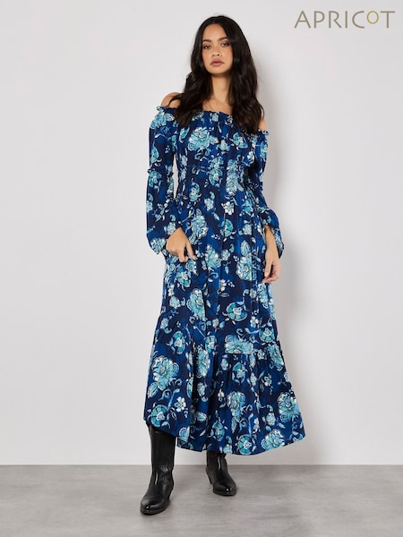 Apricot Blue Floral Print Fluted Sleeve Maxi Dress (F88736) | £50