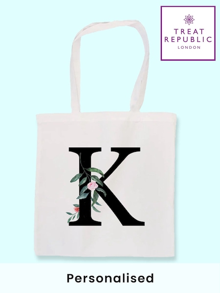 Treat Republic Personalised Floral Initial Tote White Bag (F88760) | £19