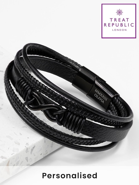 Treat Republic Mens Personalised Infinity Stacked Leather Black Bracelet (F88765) | £36