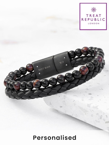 Treat Republic Mens Personalised Tiger's Eye Print Bead and Leather Bracelet (F88767) | £36