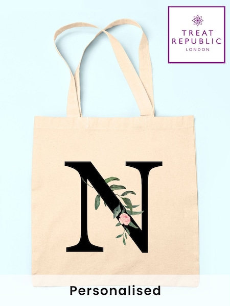 Treat Republic Personalised Floral Print Initial 100% Linen Tote Bag (F88780) | £24
