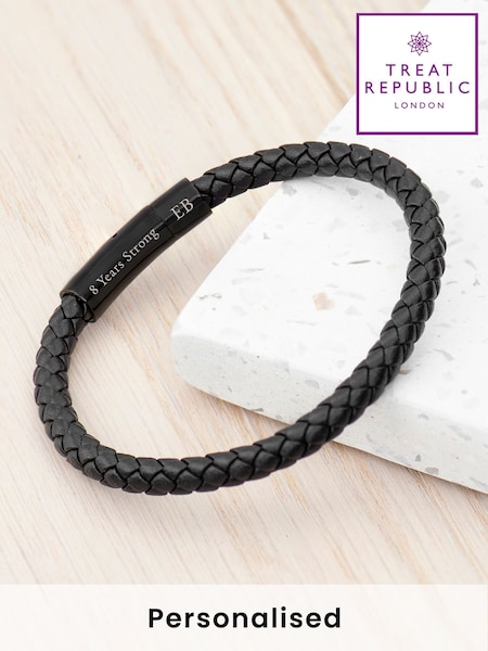 Treat Republic Mens Personalised Woven Leather Black Bracelet (F88783) | £30