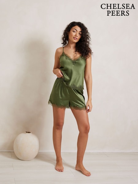 Chelsea Peers Green Satin Lace Trim Cami Short Pyjama Set (F88841) | £39