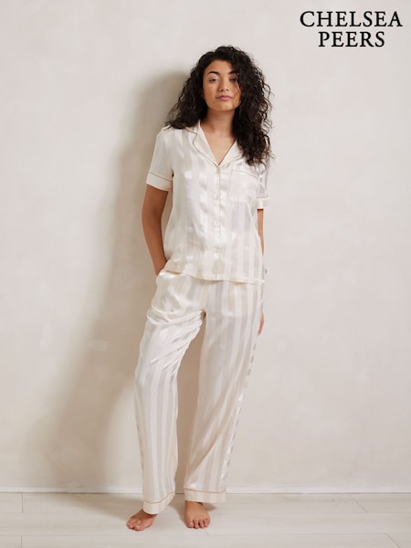 Chelsea Peers White Satin Jacquard Stripe Long Pyjama Set (F88867) | £55
