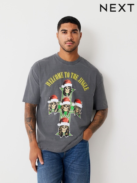 Charcoal Grey Wash Guns N Roses Relaxed Fit Christmas Graphic Print T-Shirt (F88876) | £22