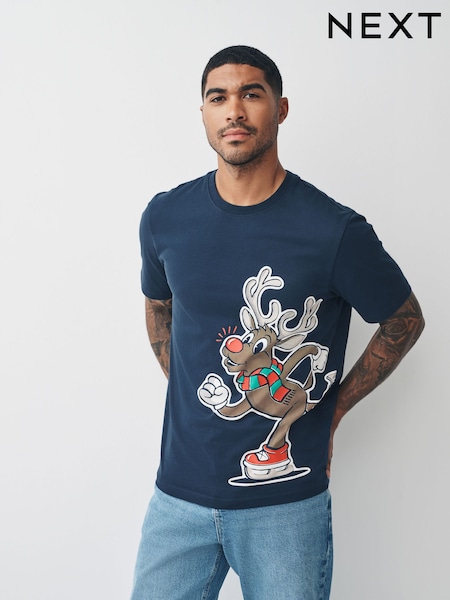 Navy Blue Reindeer Regular Fit Christmas T-Shirt (F88919) | £16