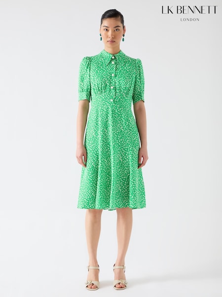 LK Bennett Green Esme Jelly Bean & Birch Viscose Ikat Spot Print Fit & Flare Collared Dress (F89045) | £299
