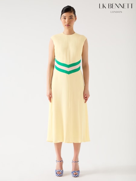 LK Bennett Yellow Rami Flan Multi Viscose Colour Block Waist Crepe Dress (F89050) | £249