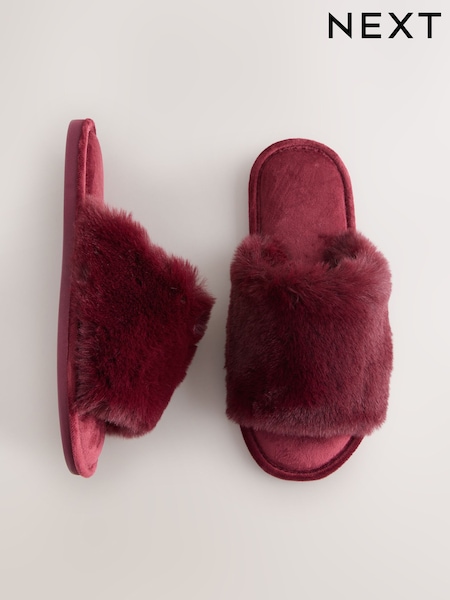 Berry Red Faux Fur Slider Slippers (F89080) | £14