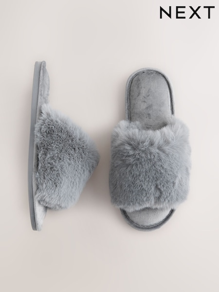 Grey Faux Fur Slider Slippers (F89083) | £14
