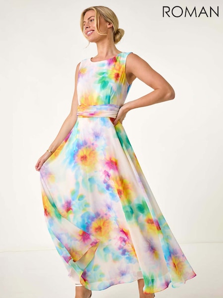 Roman White Petite Floral Print Ruched Midi Dress (F89091) | £65