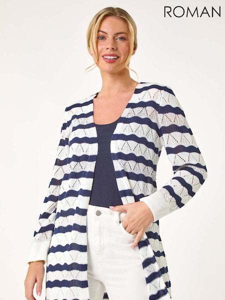 Roman Blue Petite Stripe Pointelle Knit Cardigan (F89112) | £48