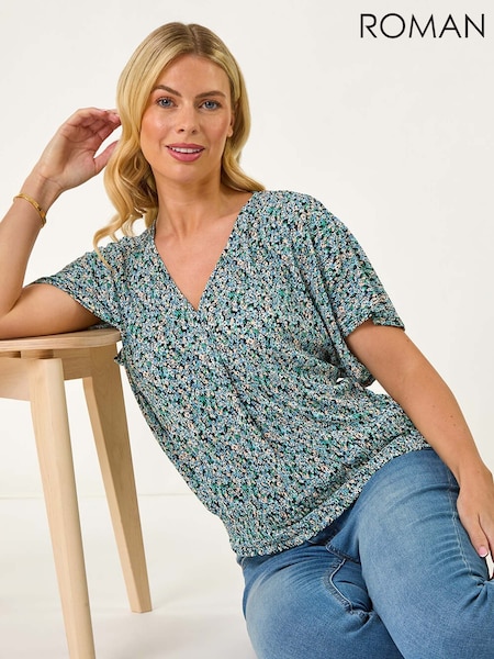 Roman Blue Petite Ditsy Print Crinkle Blouson Top (F89115) | £32