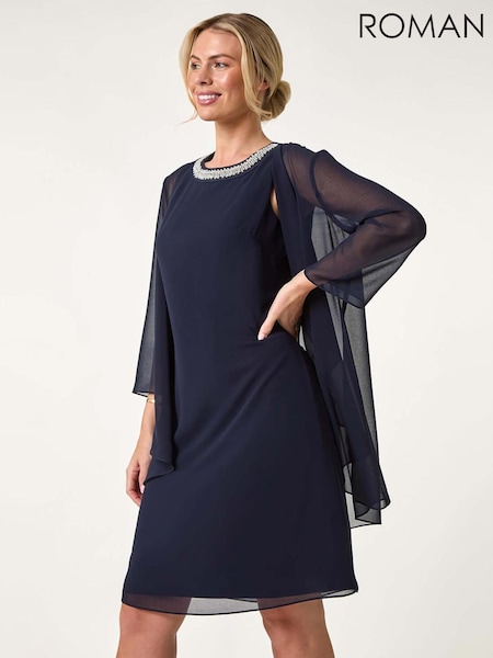 Roman Blue Petite 2 in 1 Neck Trim Shift Dress (F89120) | £70