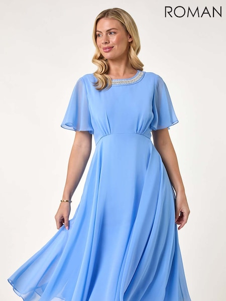 Roman Blue Petite Trim Neck Short Sleeve Dress (F89121) | £68