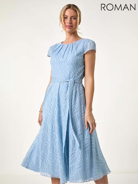 Roman Blue Petite Gathered Neck Jacquard Dress (F89123) | £65