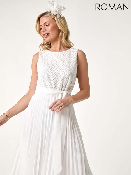 Roman White Petite Lace Pleat Midi Dress (F89130) | £70