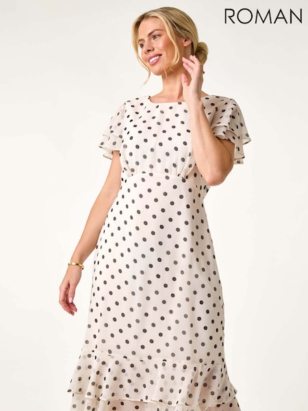 Roman White Petite Spot Print Double Frill Midi Dress (F89134) | £60