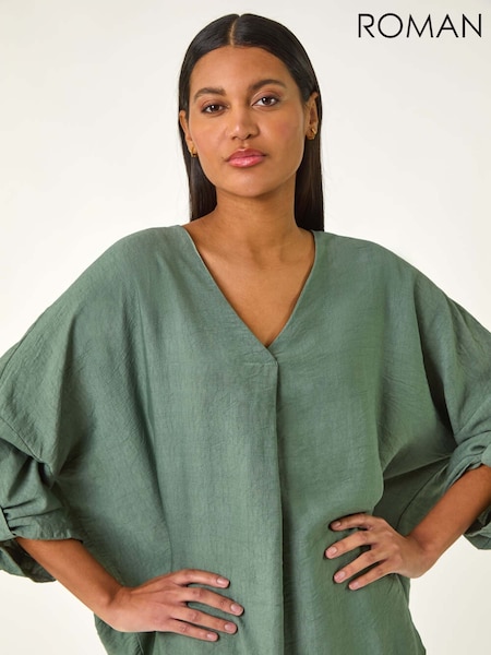 Roman Green Pleated V-Neck Stretch Tunic Top (F89145) | £36