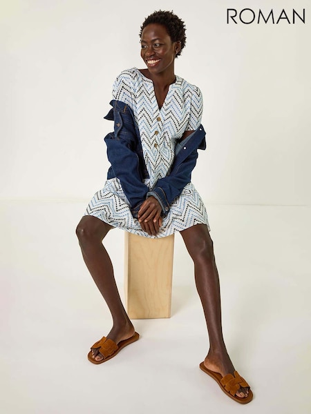 Roman Blue Zig-Zag Embroidered 100% Cotton Tunic Dress (F89149) | £58