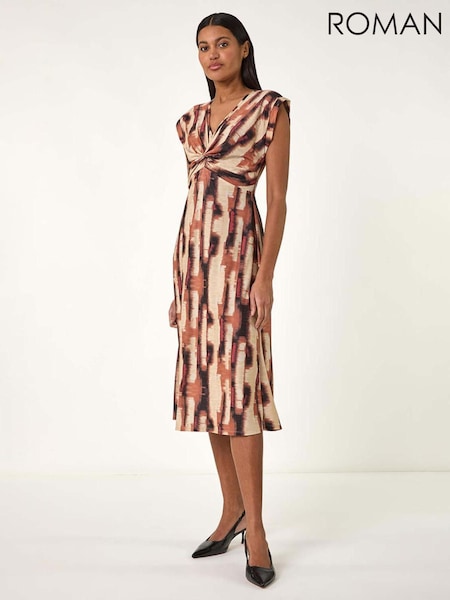Roman Brown Abstract Print V-Neck Twist Midi Dress (F89151) | £48