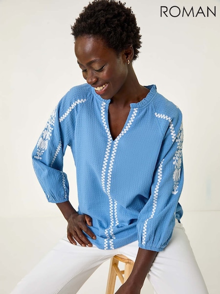 Roman Blue Embroidered Sleeve V-Neck 100% Cotton Top (F89153) | £42