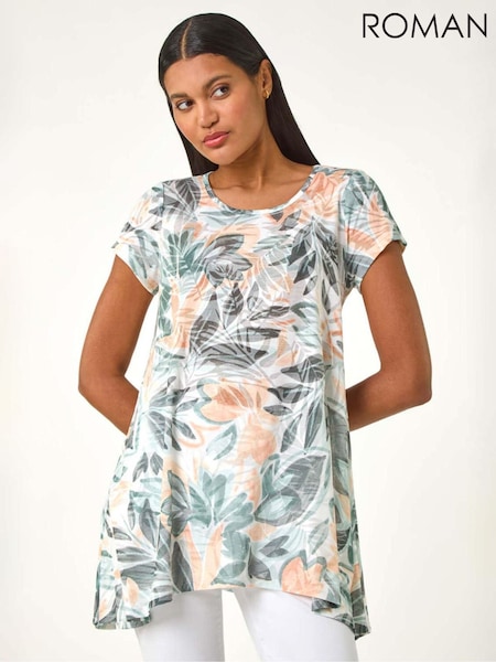 Roman Green Leaf Print Hanky Hem Tunic Top (F89159) | £32