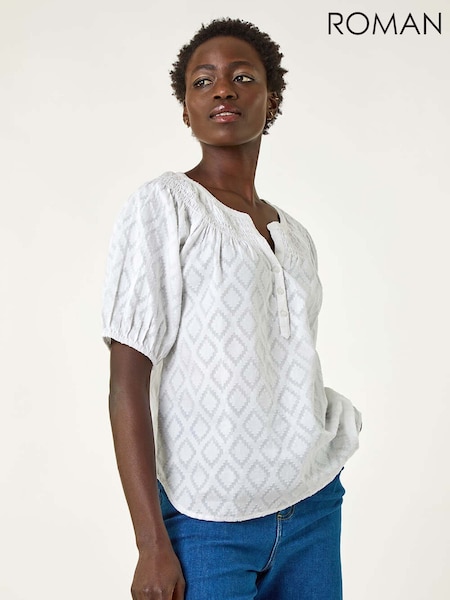 Roman White Shirred Neck Textured 100% Cotton Top (F89160) | £32